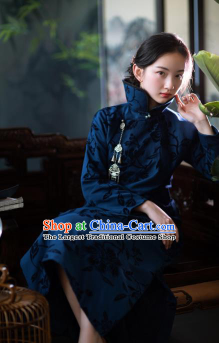Traditional Chinese National Peacock Blue Qipao Dress Tang Suit Cotton Cheongsam Costume for Women