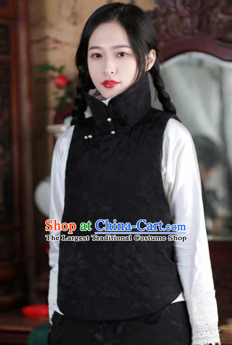 Chinese Traditional Black Brocade Cotton Wadded Vest National Costume Tang Suit Waistcoat for Women