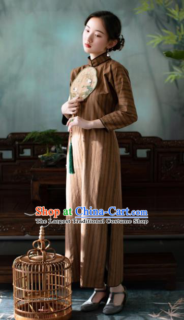 Traditional Chinese National Khaki Silk Qipao Dress Tang Suit Cheongsam Costume for Women