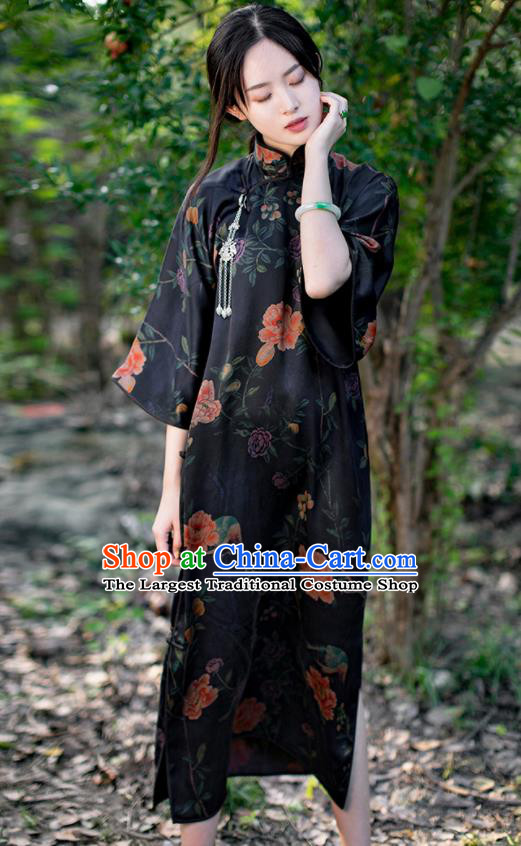 Traditional Chinese National Printing Peony Black Silk Qipao Dress Tang Suit Cheongsam Costume for Women