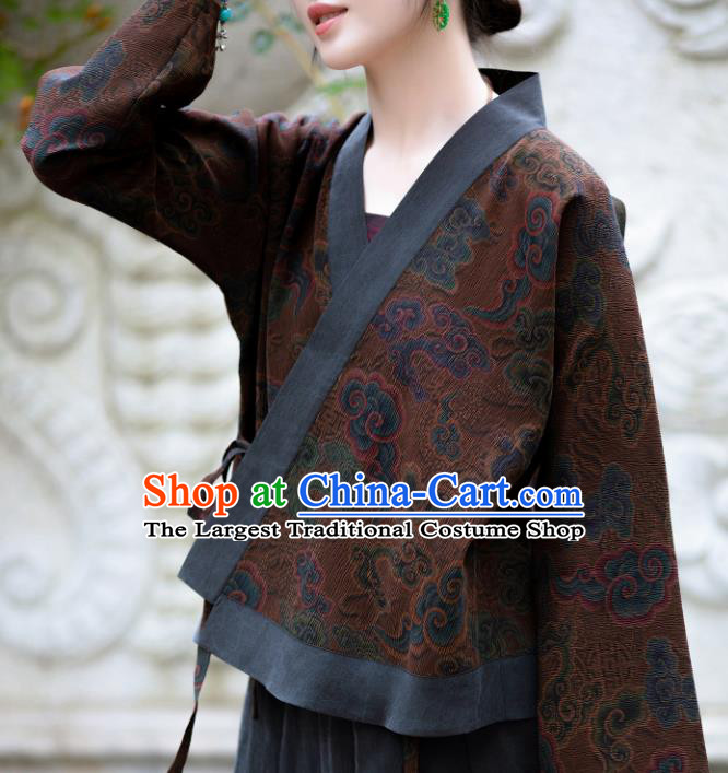 Chinese Traditional Tang Suit Printing Brown Silk Blouse National Costume Republic of China Qipao Upper Outer Garment for Women