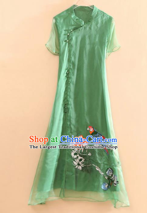 Traditional Chinese National Embroidered Magpie Green Qipao Dress Tang Suit Cheongsam Costume for Women