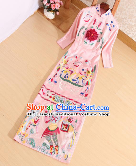 Traditional Chinese National Embroidered Pink Brocade Qipao Dress Tang Suit Cheongsam Costume for Women