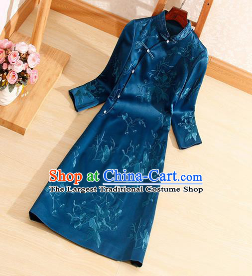 Traditional Chinese National Embroidered Peacock Blue Qipao Dress Tang Suit Cheongsam Costume for Women