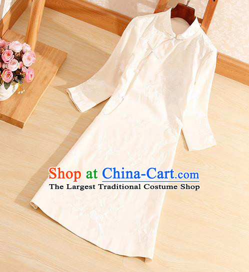 Traditional Chinese National Embroidered White Qipao Dress Tang Suit Cheongsam Costume for Women