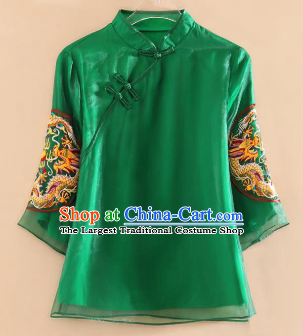 Chinese Traditional Tang Suit Embroidered Dragon Green Organza Blouse National Costume Qipao Upper Outer Garment for Women