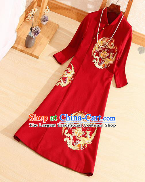 Traditional Chinese National Embroidered Phoenix Peony Red Qipao Dress Tang Suit Cheongsam Costume for Women