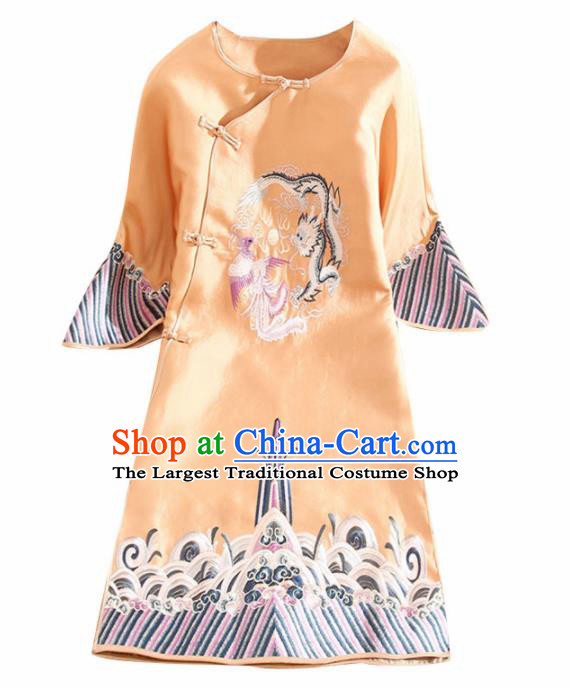 Traditional Chinese National Embroidered Dragon Phoenix Golden Qipao Dress Tang Suit Cheongsam Costume for Women