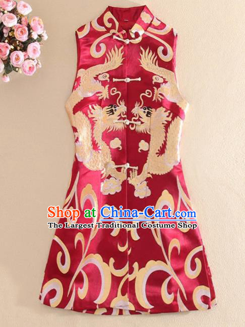 Chinese Traditional Wine Red Brocade Vest National Dress Tang Suit Waistcoat for Women