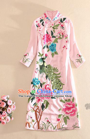 Traditional Chinese National Embroidered Peacock Peony Pink Qipao Dress Tang Suit Cheongsam Costume for Women