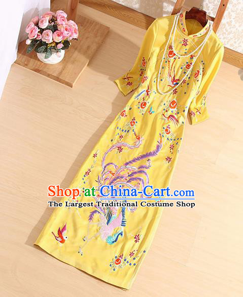 Traditional Chinese National Embroidered Phoenix Yellow Qipao Dress Tang Suit Cheongsam Costume for Women