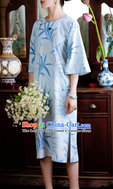 Traditional Chinese National Printing Bamboo Light Blue Qipao Dress Tang Suit Cheongsam Costume for Women