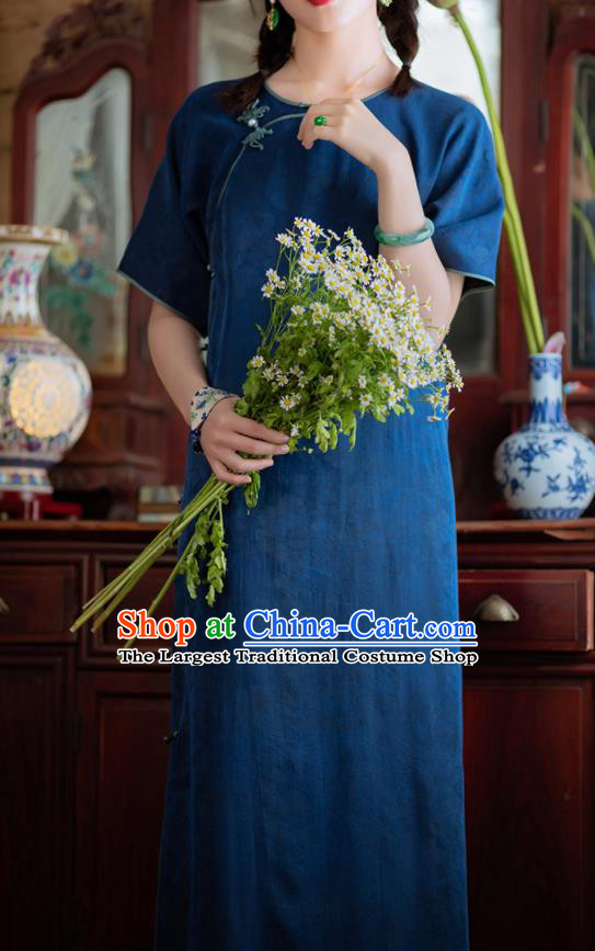 Traditional Chinese National Deep Blue Silk Qipao Dress Tang Suit Cheongsam Costume for Women