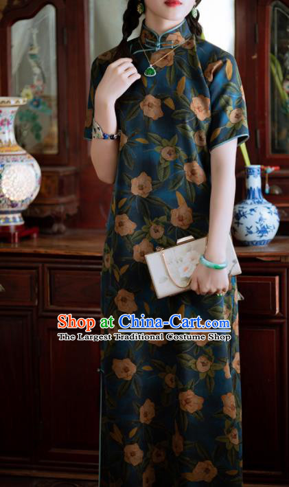 Traditional Chinese National Printing Deep Blue Silk Qipao Dress Tang Suit Cheongsam Costume for Women