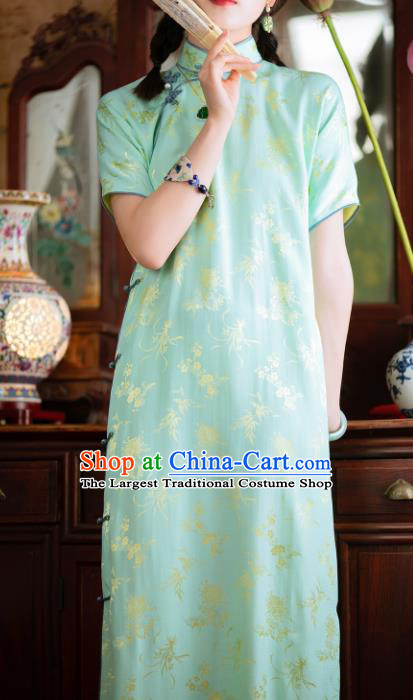 Traditional Chinese National Printing Light Green Silk Qipao Dress Tang Suit Cheongsam Costume for Women