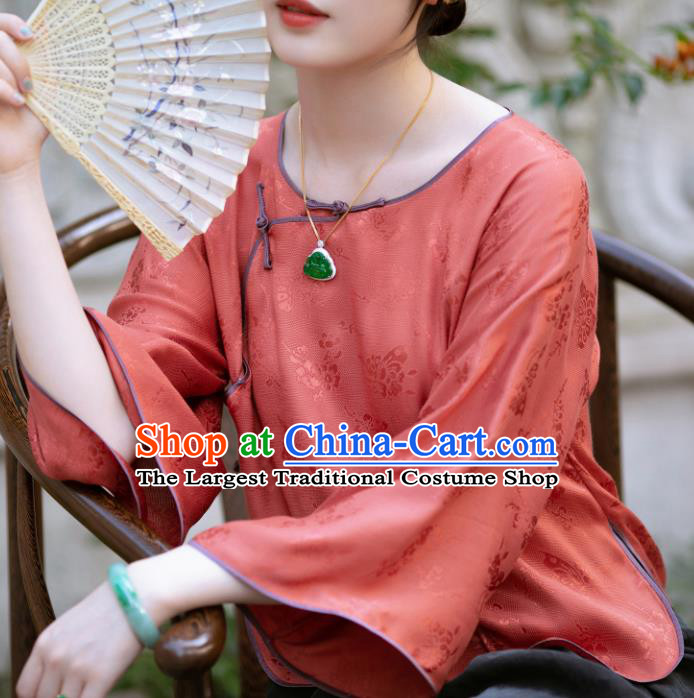 Chinese Traditional Tang Suit Orange Silk Blouse National Costume Republic of China Qipao Upper Outer Garment for Women