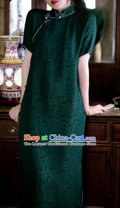 Traditional Chinese Late Qing Dynasty Deep Green Silk Qipao Dress National Tang Suit Cheongsam Costume for Women