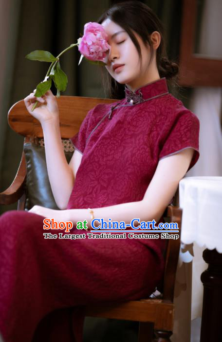 Traditional Chinese Wine Red Silk Qipao Dress National Tang Suit Cheongsam Costume for Women