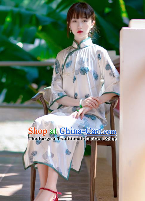 Traditional Chinese Printing White Qipao Dress National Tang Suit Cheongsam Costume for Women