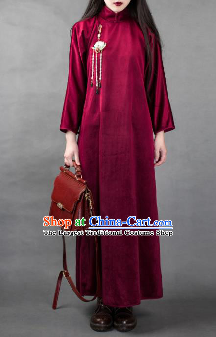 Traditional Chinese Winter Wine Red Corduroy Qipao Dress National Tang Suit Cheongsam Costume for Women