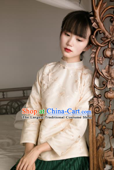 Chinese Traditional Tang Suit Beige Silk Shirt National Costume Republic of China Qipao Upper Outer Garment for Women