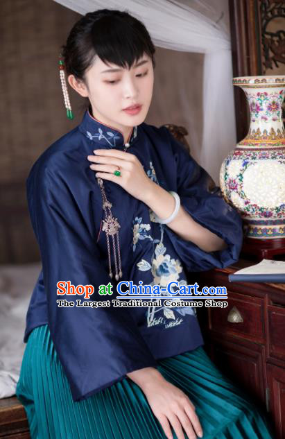 Chinese Traditional Tang Suit Navy Jacket National Costume Republic of China Qipao Upper Outer Garment for Women