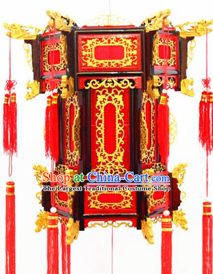 Chinese Traditional New Year Carving Dragon Wood Red Palace Lantern Asian Handmade Lantern Ancient Lamp