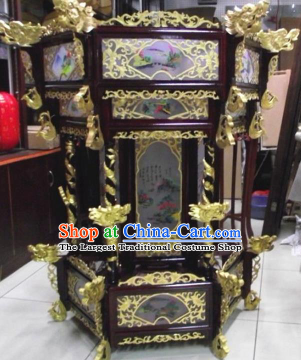 Chinese Traditional Handmade Carving Golden Dragons Wood Palace Lantern Asian New Year Lantern Ancient Ceiling Lamp