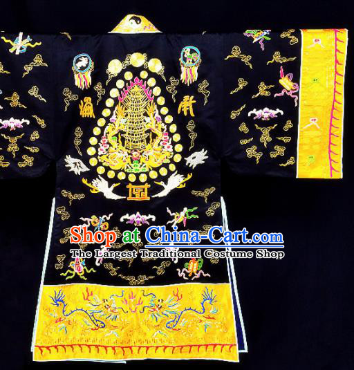 Chinese Ancient Taoist Priest Embroidered Cloud Crane Black Cassocks Traditional Taoism Vestment Costume