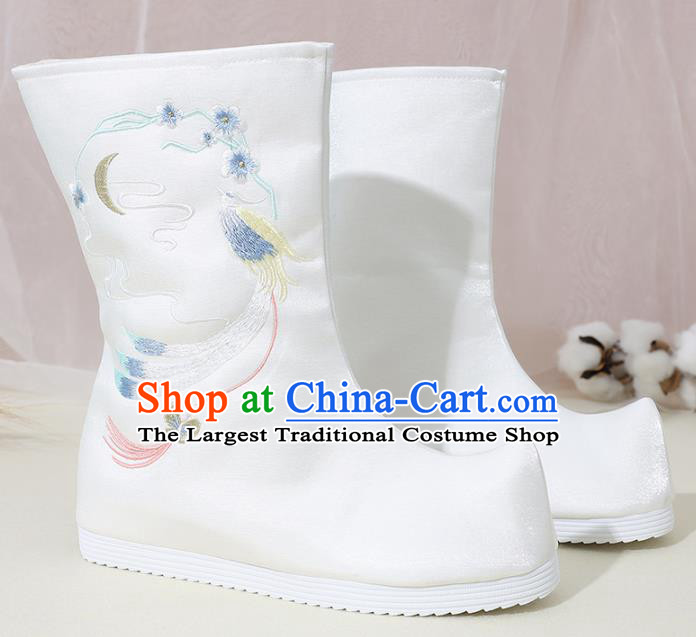 Chinese National Embroidered Phoenix White Boots Hanfu Shoes Traditional Princess Shoes Ancient Shoes for Women