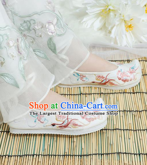 Chinese National Embroidered Phoenix Peony White Shoes Ancient Traditional Princess Shoes Hanfu Shoes for Women