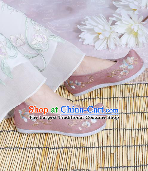 Chinese National Embroidered Magnolia Pink Shoes Ancient Traditional Princess Shoes Hanfu Shoes for Women