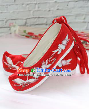 Chinese National Embroidered Crane Flower Red Shoes Ancient Traditional Princess Shoes Wedding Hanfu Shoes for Women