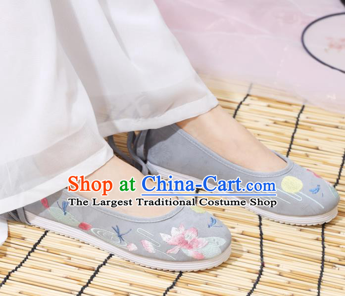 Traditional Chinese National Embroidered Lotus Grey Shoes Ancient Princess Shoes Handmade Hanfu Shoes for Women