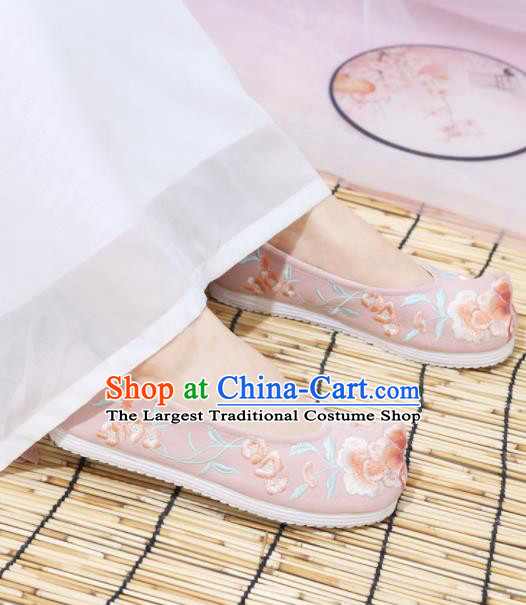 Traditional Chinese National Embroidered Peony Pink Shoes Ancient Princess Shoes Handmade Hanfu Shoes for Women