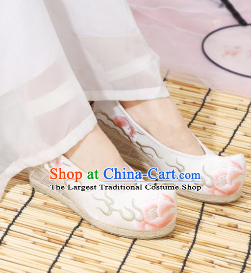 Traditional Chinese National Embroidered Peony High Heels White Shoes Ancient Princess Shoes Handmade Hanfu Shoes for Women