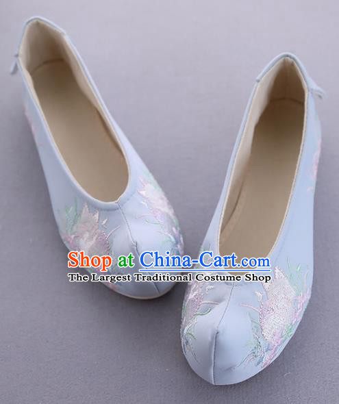 Traditional Chinese National Embroidered Orchid Blue Shoes Ancient Princess Cloth Shoes Handmade Hanfu Shoes for Women