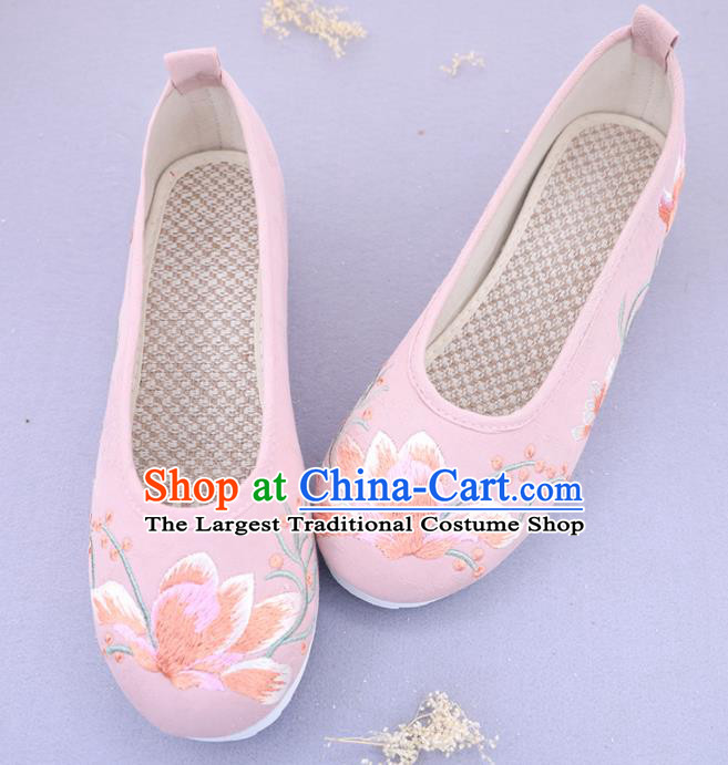 Traditional Chinese Ancient Princess Embroidered Magnolia Pink Shoes Cloth Shoes Handmade Hanfu Shoes for Women