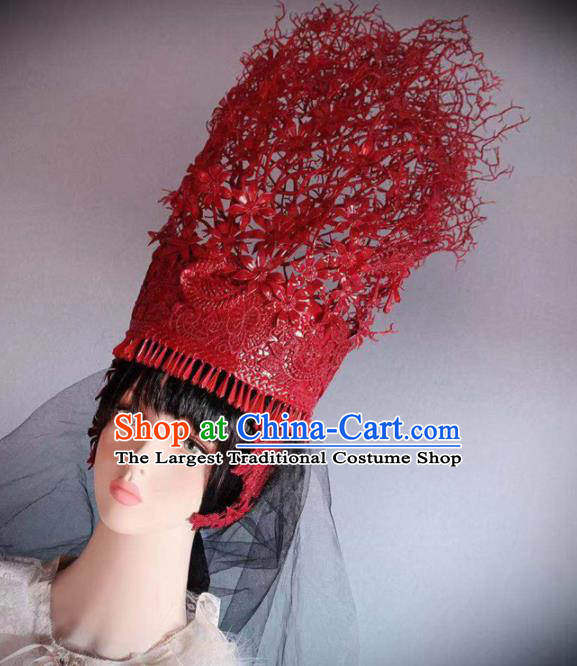 Traditional Chinese Deluxe Red Hat Hair Accessories Halloween Stage Show Headdress for Women