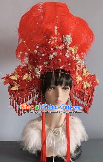 Traditional Chinese Deluxe Red Feather Phoenix Coronet Hair Accessories Halloween Stage Show Headdress for Women