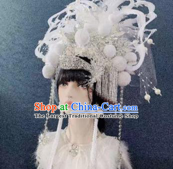 Traditional Chinese Deluxe White Tassel Phoenix Coronet Hair Accessories Halloween Stage Show Headdress for Women