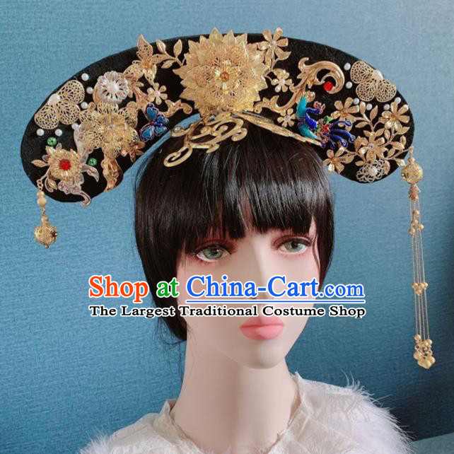 Traditional Chinese Deluxe Qing Dynasty Golden Peony Phoenix Coronet Hair Accessories Halloween Stage Show Headdress for Women