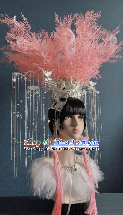 Traditional Chinese Deluxe Feather Pink Phoenix Coronet Hair Accessories Halloween Stage Show Headdress for Women