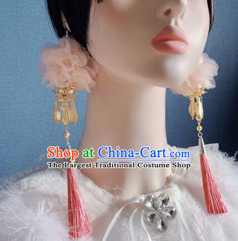 Traditional Chinese Deluxe Pink Tassel Feather Ear Accessories Halloween Stage Show Earrings for Women