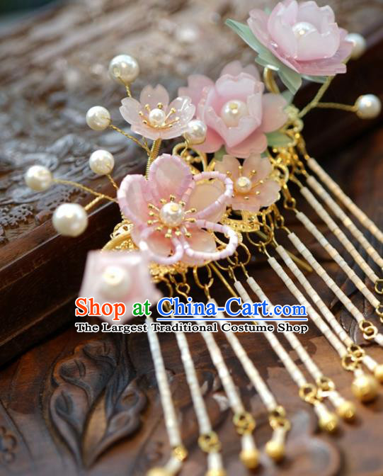 Traditional Chinese Handmade Hair Accessories Pink Flowers Hairpins Ancient Hanfu Tassel Hair Claws for Women