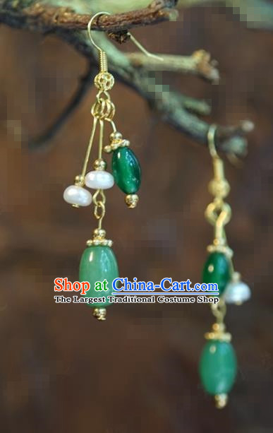 Traditional Chinese Handmade Court Jade Pearl Tassel Ear Accessories Ancient Princess Earrings for Women