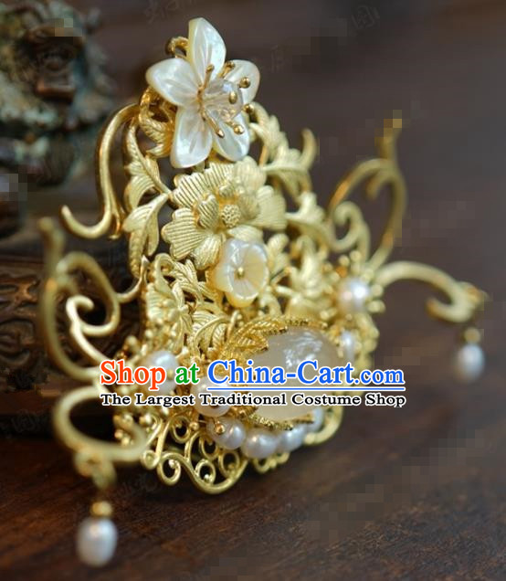 Traditional Chinese Ancient Queen Golden Hair Crown Handmade Hanfu Court Hairpins Hair Accessories for Women