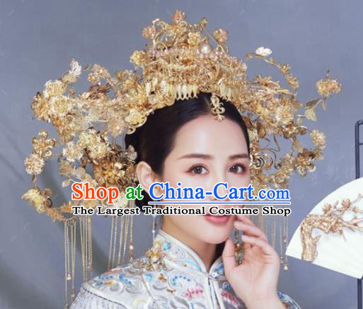 Traditional Chinese Wedding Hair Accessories Golden Phoenix Coronet Ancient Bride Hairpins Complete Set for Women