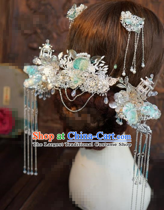 Traditional Chinese Wedding Hair Accessories Ancient Bride Tassel Phoenix Coronet Hairpins Complete Set for Women