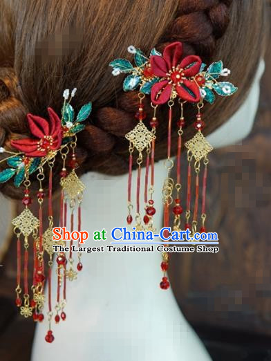 Traditional Chinese Handmade Court Tassel Hairpins Hair Accessories Ancient Queen Hanfu Red Flower Hair Claws for Women